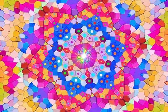 Mosaico de teselas con colores suaves en forma de estrella m&aacute;gica azul y brillo central multicolor