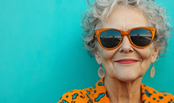 Happy smiling senior woman wearing sunglasses, teal blue solid colorful background, image with space for text