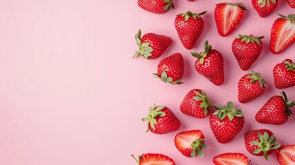 Fresh strawberries scattered on pink background, vibrant colors, minimal food composition, healthy fruit display, copy space for text

