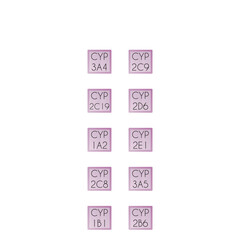 Set of 10 simple icons - Cytochrome P450 enzyme icons - CYP3A4, 2D6, 2C9 and more. Simple design illustration.