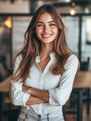 Portrait of young smiling woman looking at camera with crossed arms. Happy girl standing in creative office. Successful businesswoman standing in office with copy space.