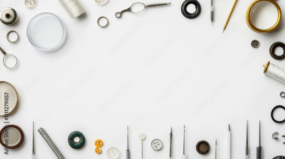 Aufkleber collection of sewing tools including needles, threads, and buttons arranged neatly on a white backgr