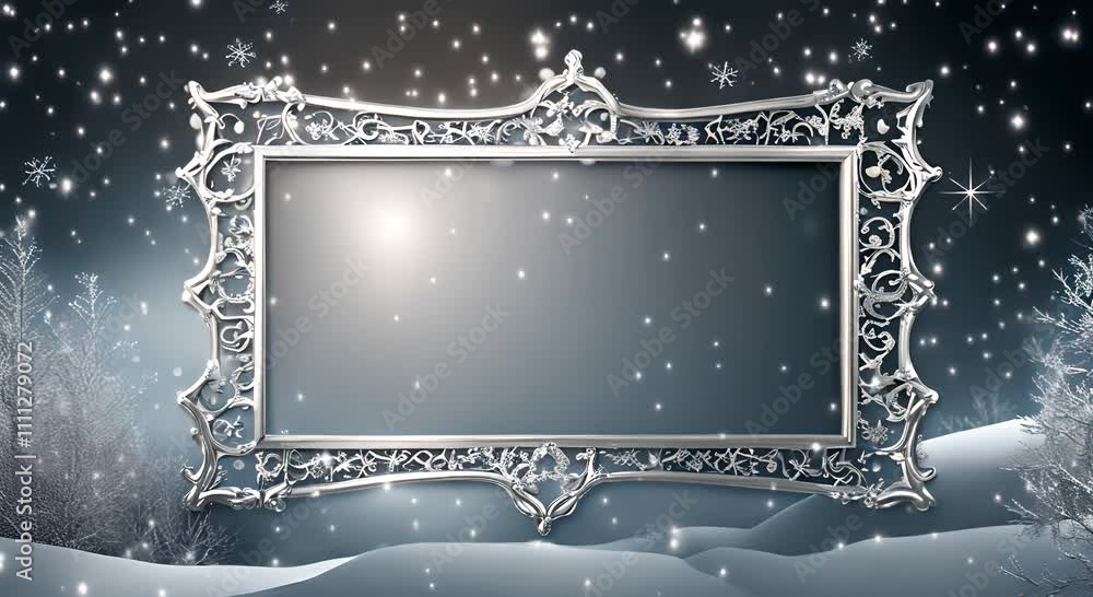 Poster silver square frame on dark background with snowflakes winter background with frame 4k