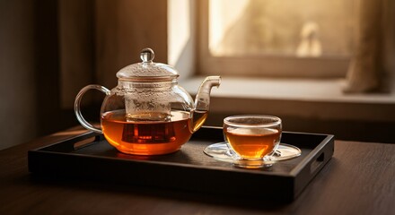 Freshly brewed tea in a transparent glass teapot placed on a wooden tray