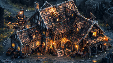 Detailed Figure of a Medieval Workshop with Blacksmith Area Featuring Rustic Architecture, Warm Lighting, and Historical Elements Set in a Rocky Environment