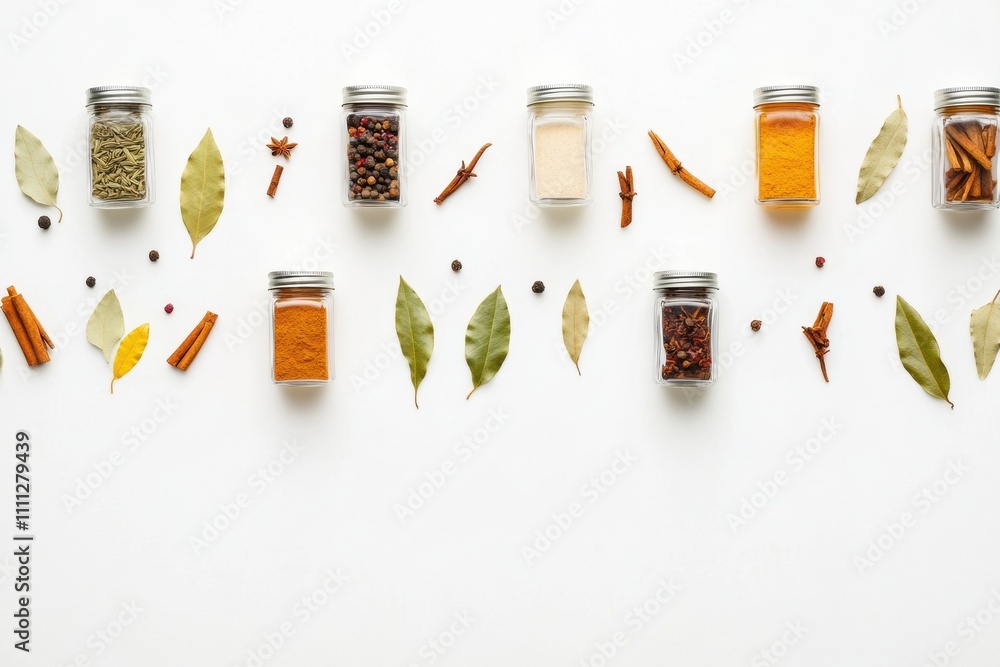 Poster vibrant jars of spices lined up with bay leaves and cinnamon sticks on a clean white background, off