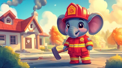 Fototapeta premium Cute cartoon elephant firefighter standing in front of a house.