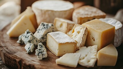 A rustic cheese board with a mix of crumbly goat cheese