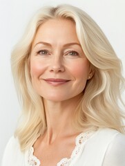 Naklejka premium Smiling happy attractive 50s middle aged blonde woman, older lady looking at camera advertising anti age face skin and body care treatment cosmetics isolated on white background. Close up portrait.