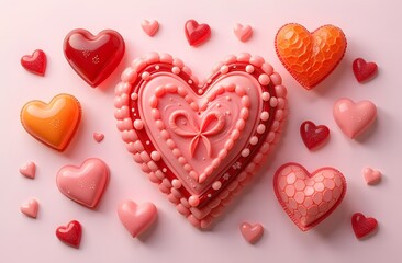 Fototapeta premium A delightful assortment of heartshaped desserts beautifully arranged against a soft pink background, creating a visually appealing treat