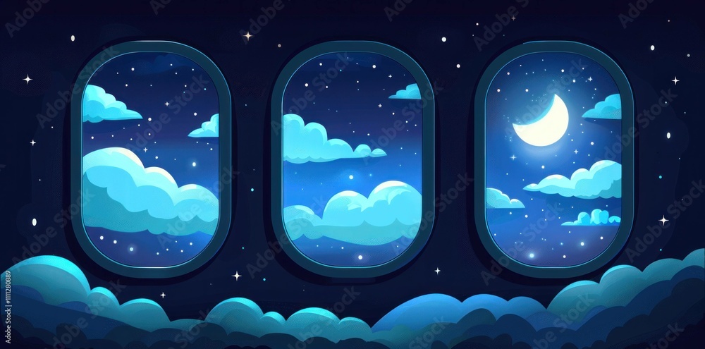 Poster night sky view with clouds and moon through three windows, creating a serene and dreamy atmosphere. 