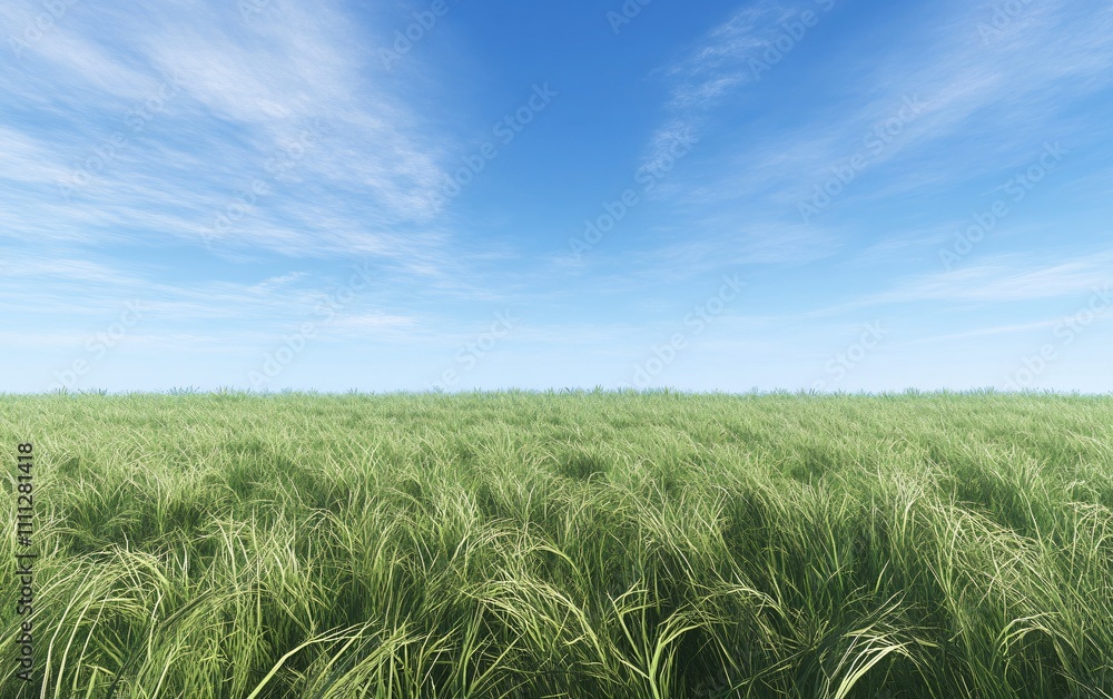 Wall mural A serene landscape featuring a vast field of grass under a clear blue sky.