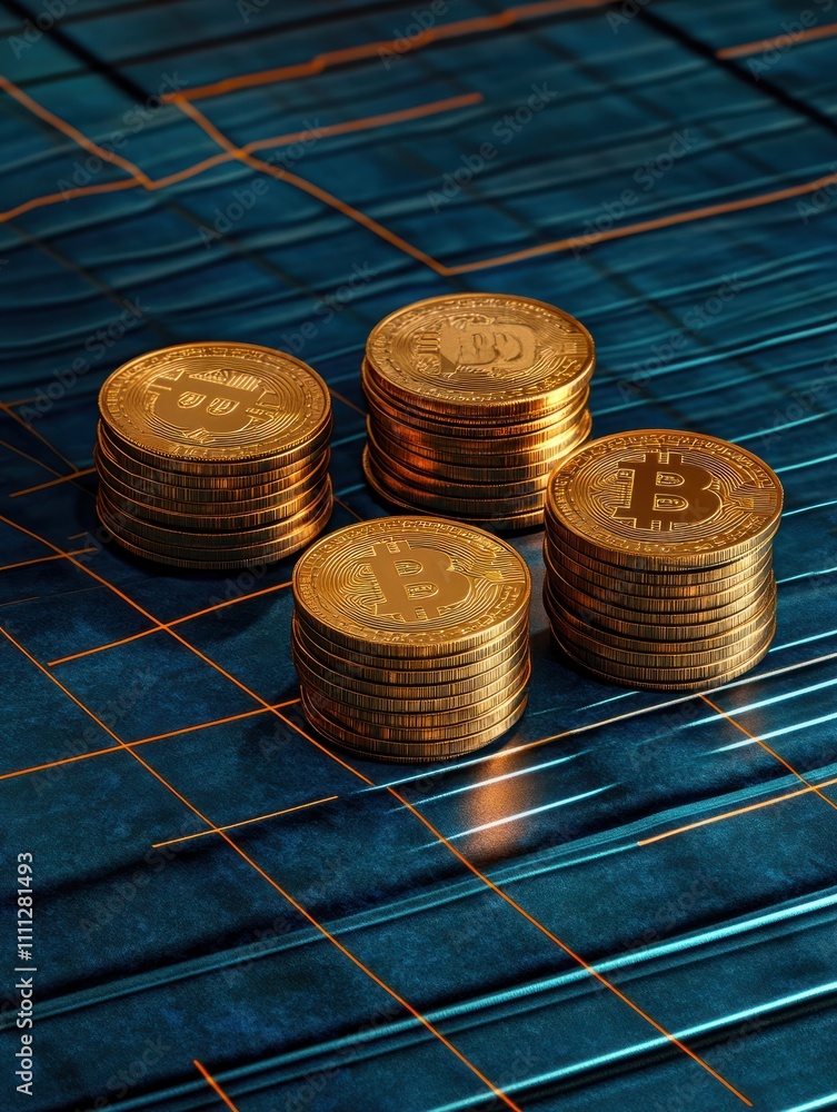 Poster top view of empty golden mock up coins stack on blue grid background with forex chart. finance and t
