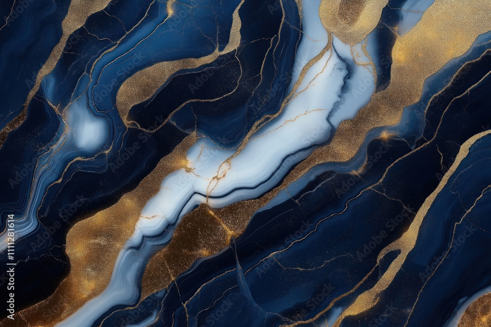 Poster abstract design with dark blue, gold marble patterns. intricate swirls, streaks of color create visu