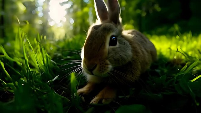 A fluffy brown bunny with long ears hops through the green grass