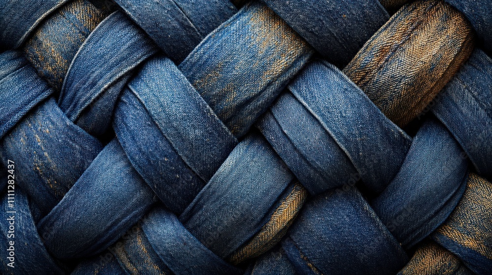 Poster close-up view of interwoven blue denim fabric showing intricate texture and unique pattern for texti