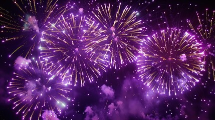 Bright purple fireworks erupted in the night sky, bursting into vibrant blossoms of color that lit up the darkness.
