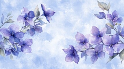 Fototapeta premium Watercolor painting of purple flowers on a light blue background.