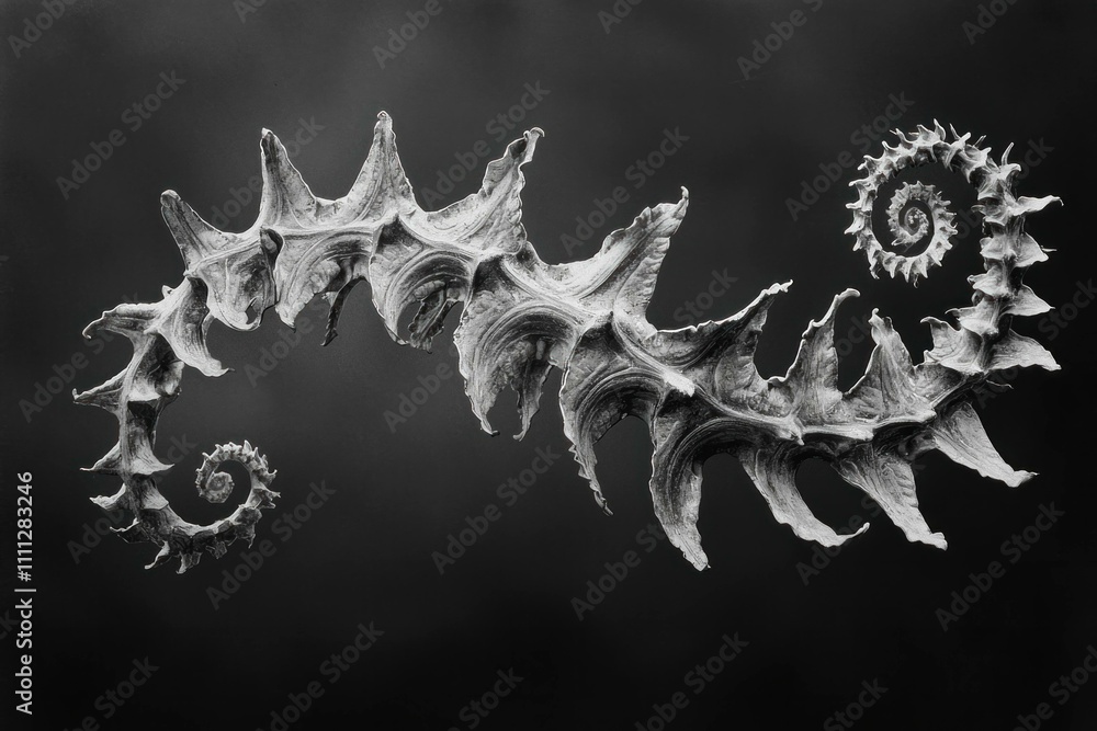 Poster black and white close-up of a unique seashell with intricate spiral patterns and sharp edges, showca