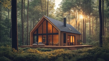 Modern wooden house in Scandinavian style in forest. Light streams into home through large windows. House nestled among trees. Cozy, eco-friendly design. Perfect place for relaxation, tranquility.