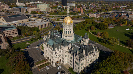 OCTOBER 19, 2022, HARTFORD, CT, USA - aerial view of stunning CT Capitol in downtown Hartford