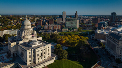 10/20/22 - PROVIDENCE, RI, USA - Aerial view of Rhode Island State Capitol in Providence Rhode Island