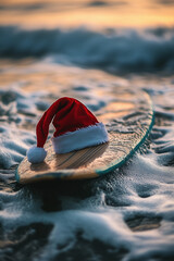 A Christmas Santa hat sitting on a surfboard in the ocean on a tropical beach. Tropical or beach Christmas vacation concept or Santa on holiday concept