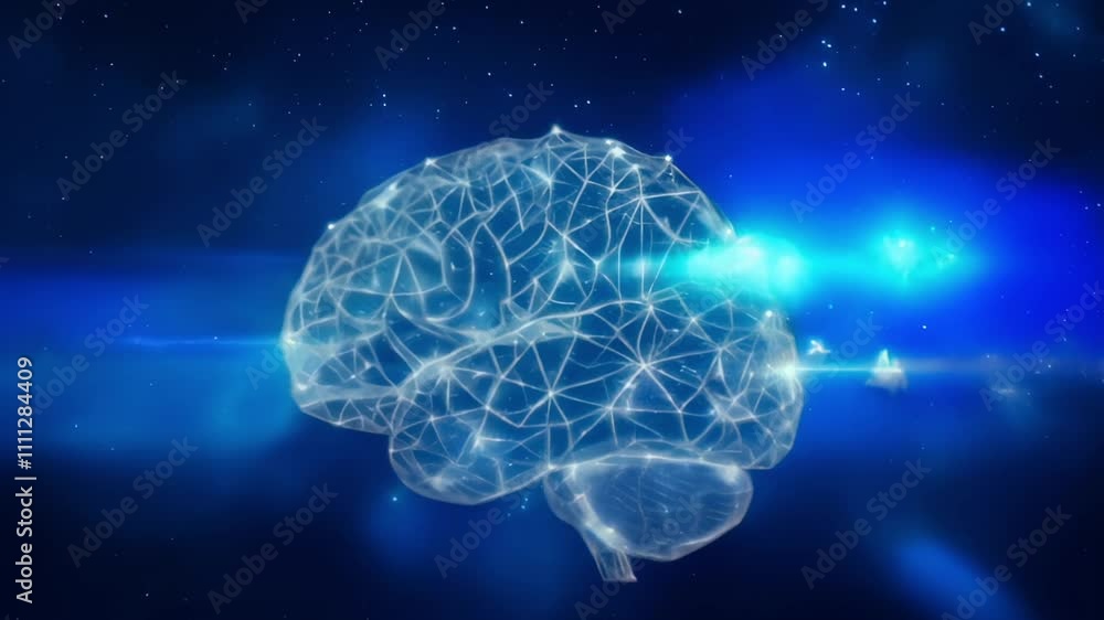 Poster Polygonal brain with glowing lines and dots representing artificial intelligence, machine learning, creativity, and innovation on a blue background with stars