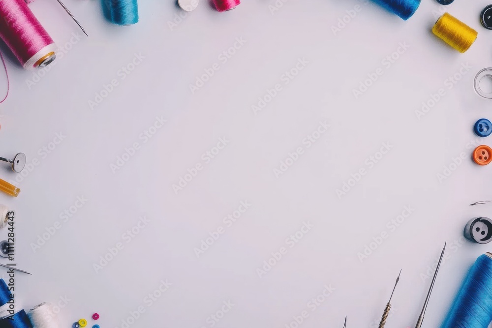 Aufkleber Needles, threads, and buttons are neatly displayed on a white background, perfect for crafting and sewing projects or tutorials. Generative AI
