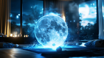 Witch Room with Moonlight and Levitation of Glowing Crystal