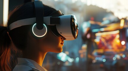 Woman Experiencing Immersive Virtual Reality in a Futuristic Cityscape
