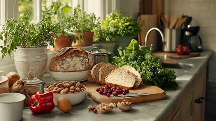 A selection of healthy plant-based foods, including whole grain bread, nuts, berries, and leafy vegetables, displayed on a kitchen countertop 