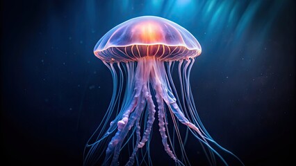 Fototapeta premium Glowing jellyfish floating in dark water, bioluminescent, marine life, underwater, ocean, exotic, colorful