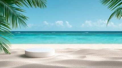 Fototapeta premium Serene Tropical Beach Scene with White Circular Display Platform (1)