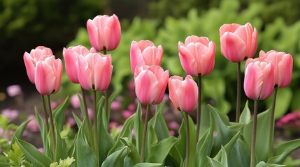 Fototapeta premium Close-up of a cluster of light pink tulips in a garden.
