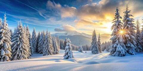 Snowy winter landscape in the mountains with snow-covered trees and a serene atmosphere, snow, winter, mountain, landscape, snowfall