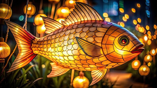 Illuminated fish lantern glowing in the night , lantern, fish, glow, night, illuminated, decorative, outdoor
