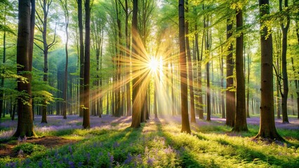 Fototapeta premium Silent forest in spring with beautiful bright sun rays , nature, tranquil, peaceful, trees, foliage, sunlight, tranquil