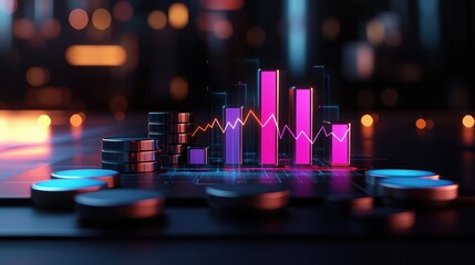 Fototapeta premium Digital Marketing Agency Brand Transformation Concepts for Business. Vibrant financial charts with coins, showcasing data visualization and investment trends.