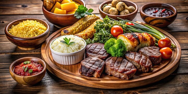 Traditional Brazilian barbecue dish, cupim, served with sides on a wooden plate, cupim, Brazilian, barbecue, traditional, dish