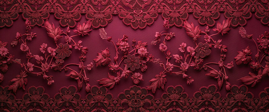 Burgundy floral lace background with embroidered flowers