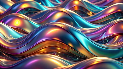 Fototapeta premium Abstract metallic soft waves with shiny iridescent liquid shapes , render,abstract, metallic, soft, waves, shiny