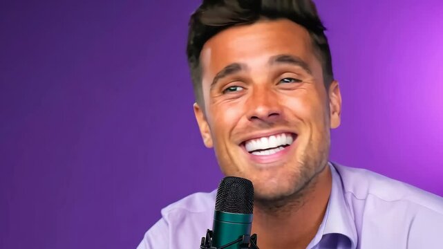 Man hosting podcast in small studio with microphone and laptop for livestreaming.