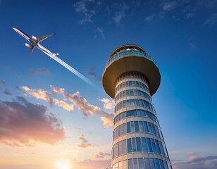 air traffic control tower with plane in the sky