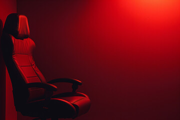 Empty black leather chair positioned against a solid red wall in low light