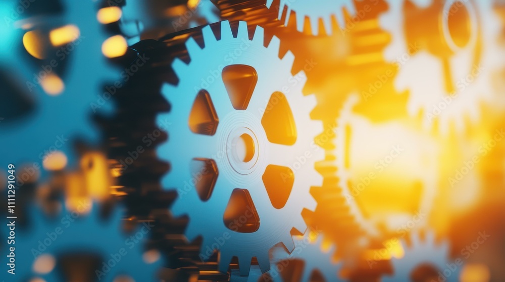 Poster intricate closeup of machine gears showcasing precision engineering, with a softly blurred backgroun