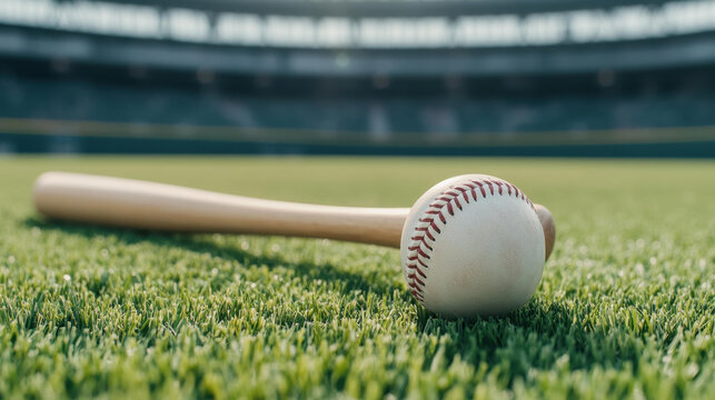 A striking closeup of a baseball and bat, set against a blurred field backdrop, capturing the essence of the game. - Powered by Adobe