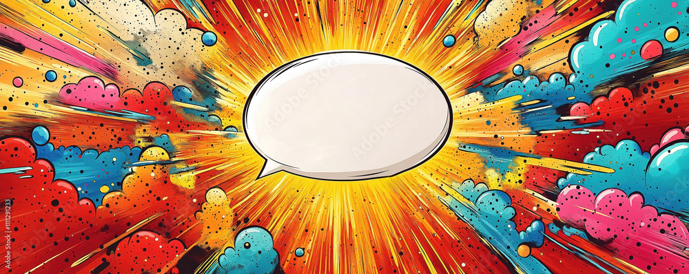 Poster colorful comic book style explosion background with dynamic pop art elements, central blank speech b