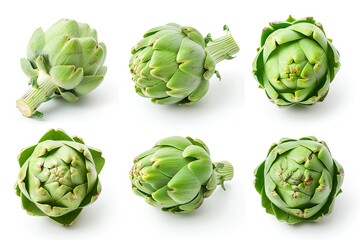 Obraz premium Whole fresh artichokes, vibrant green color, close-up of buds, isolated on white background, ideal for healthy eating, plant-based recipes, gourmet cooking, and food photography