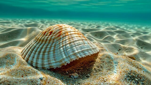 Solitary clam nestled in the sandy seabed, its shell gleaming softly in the underwater light, Ai Generated.